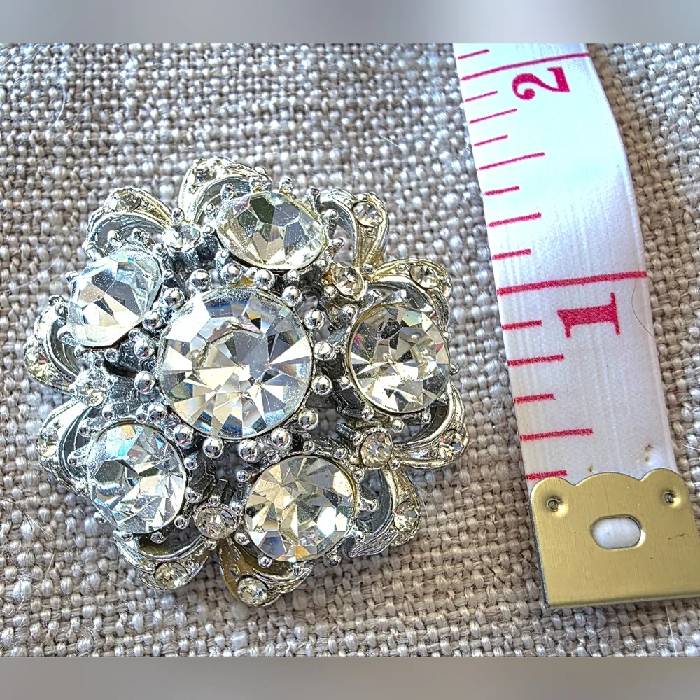 Vintage Coro Signed Brooch Silver Tone Floral Rhinestone